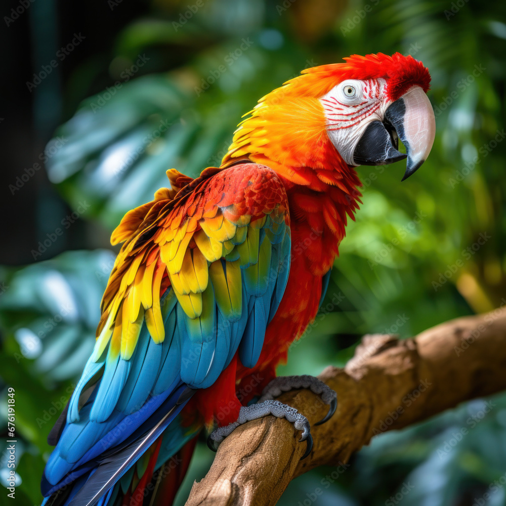A sharp focus on a vibrant parrot perched
