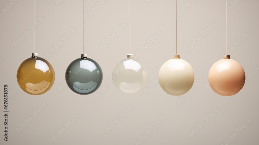 Christmas baubles hanging on gold chain with a minimal light background, modern pastel color theme, Xmas ornaments and decorations, holiday advertisement - season's greetings concept. Christmas baubles hanging on gold chain with a minimal light background, modern pastel color theme, Xmas ornaments and decorations, holiday advertisement - season's greetings concept.