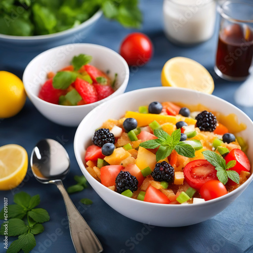 Ensalada de tomate naranja moras aceitunas negras sobre una mesa