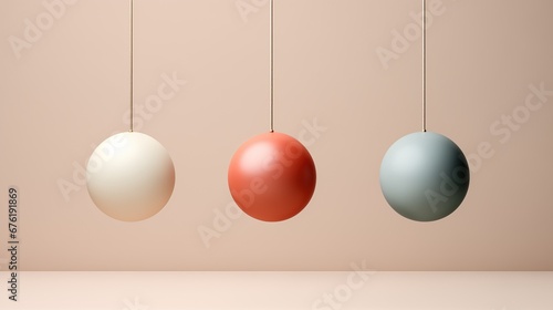 Christmas baubles hanging on gold chain with a minimal light background, modern pastel color theme, Xmas ornaments and decorations, holiday advertisement - season's greetings concept.