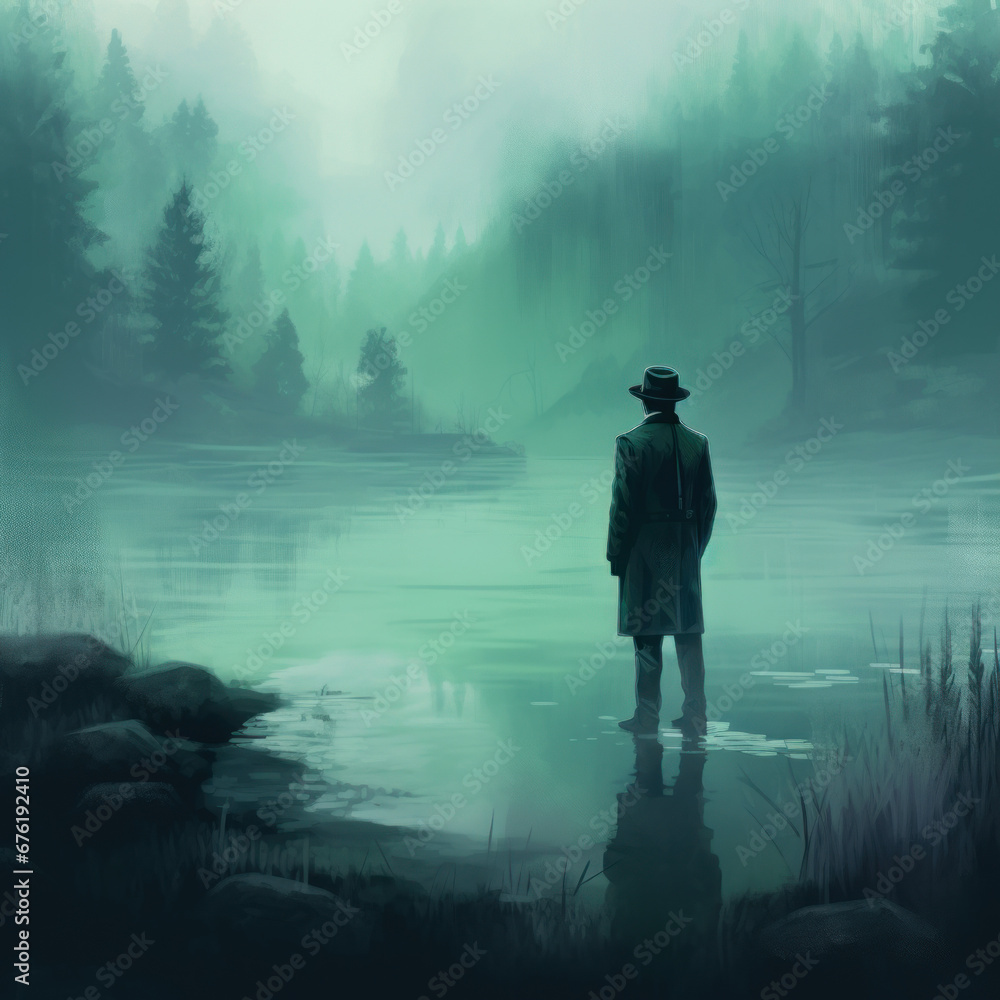 A detective contemplating at the edge of a misty 
