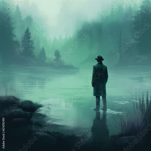 A detective contemplating at the edge of a misty 