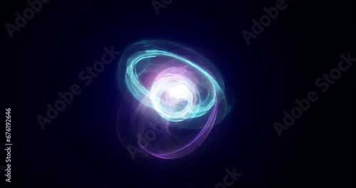 Abstract blue rings spheres from energy magic waves of smoke circles and glowing lines on a black background