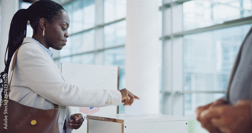Obraz premium Ballot, vote and black woman at voting booth for transformation, choice or social change. Politics, government and voter with support, decision or public opinion at a poll station box for election