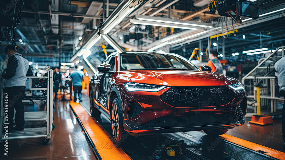 Technicians in a car assembly plant are installing engines and welding sparks for cars on the production line inside the factory.