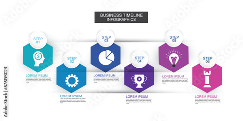 Business infographics template with six steps or options on timeline diagrams