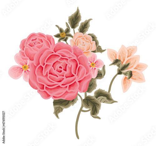 Vintage red rose, daisy, peony flower bouquet clip art illustration design for greeting cards, wedding invitation, decoration, floral craft, journal, feminine products, beauty label, branding elements