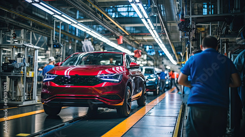 Technicians in a car assembly plant are installing engines and welding sparks for cars on the production line inside the factory.