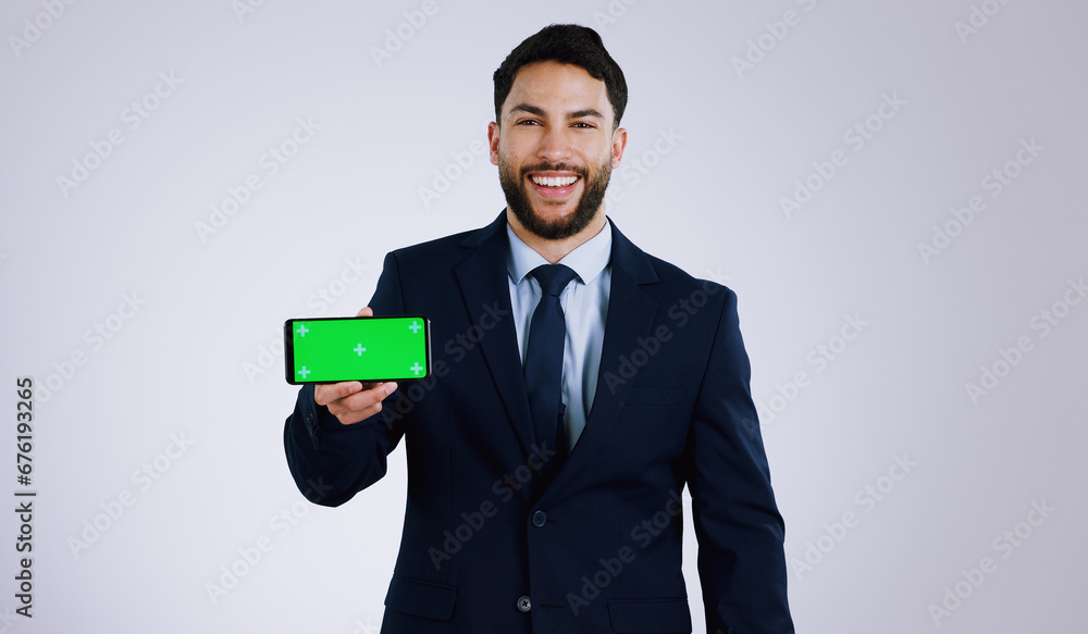 Business man, phone green screen and presentation for stock market, trading software or registration in studio. Portrait of professional trader with mobile app or website mockup on a white background Business man, phone green screen and presentation for stock market, trading software or registration in studio. Portrait of professional trader with mobile app or website mockup on a white background