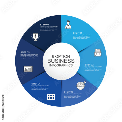 Circle business infographics vector design template with 6 options