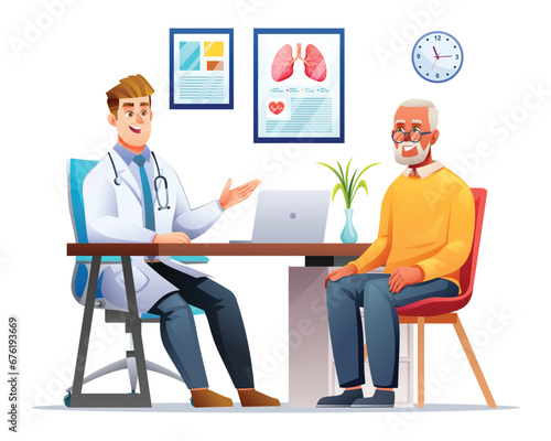 Doctor talking to elderly patient in hospital office. Medical consultation concept. Vector cartoon character illustration