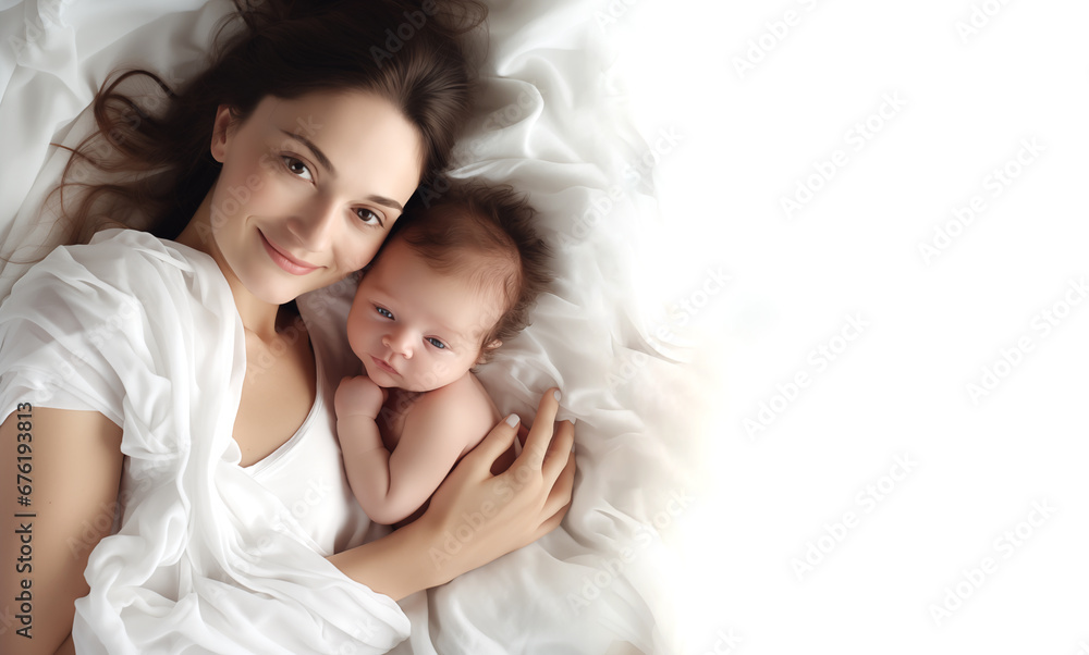 newborn baby sleeping with mother on white background newborn baby sleeping with mother on white background
