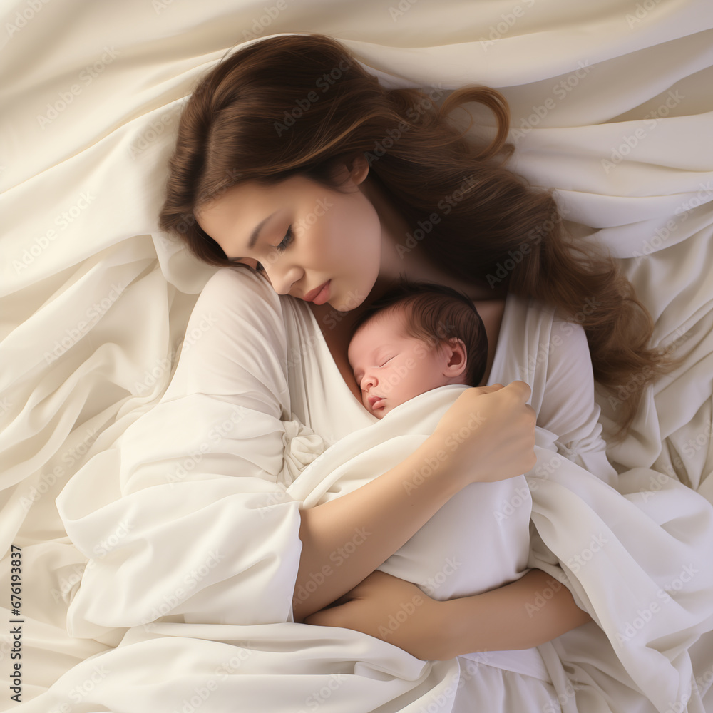 newborn baby sleeping with mother on white background. top angle newborn baby sleeping with mother on white background. top angle