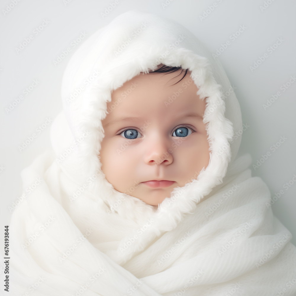 Cute baby sleeping in fur blanket on white background Cute baby sleeping in fur blanket on white background