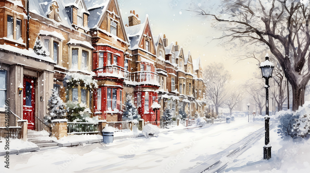 Watercolours Christmas and winter season landscape with city street - obrazy, fototapety, plakaty 