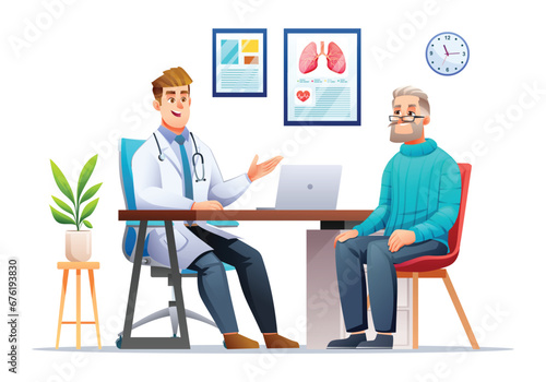 Doctor talking to elderly patient at hospital office. Medical consultation in clinic. Vector cartoon character illustration