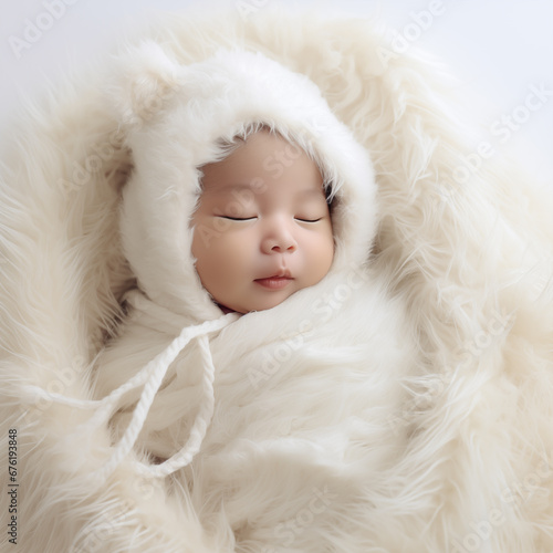 Cute baby sleeping in fur blanket on white background