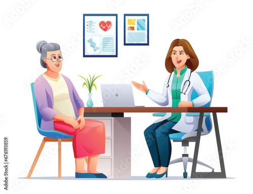 Senior female patient at the doctor's appointment. Medical consultation concept. Vector cartoon character illustration