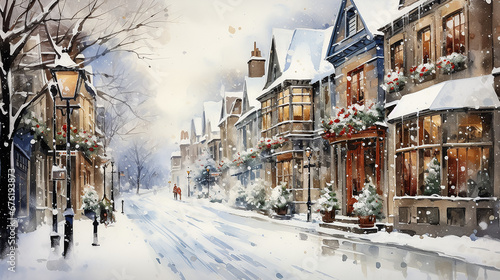 Watercolours Christmas and winter season landscape with local street