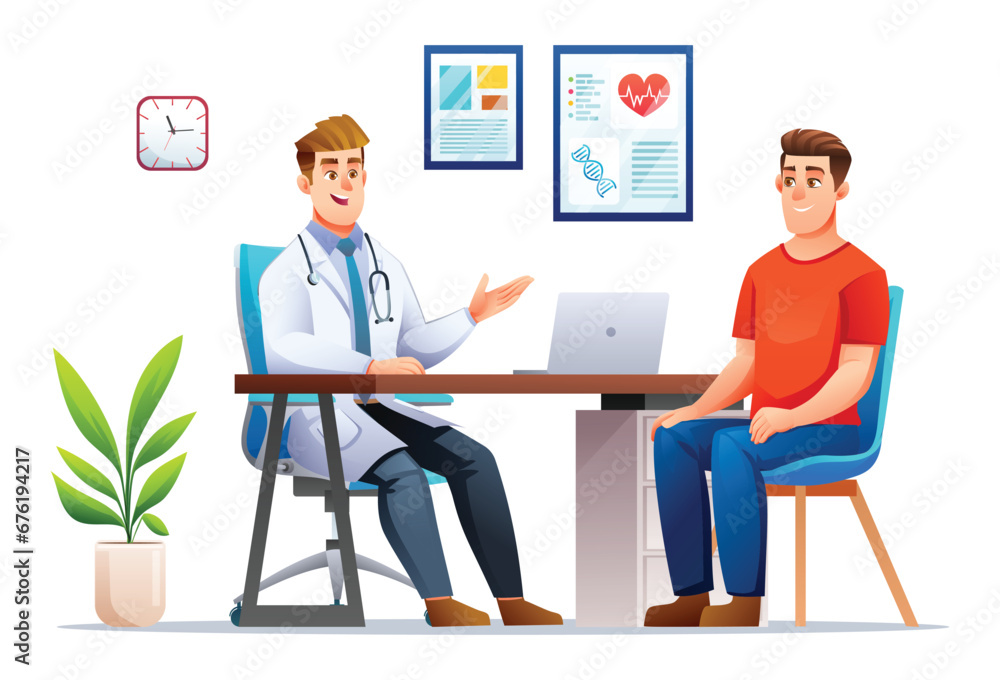Doctor talking to patient in hospital office. Medical consultation concept. Vector cartoon character illustration Doctor talking to patient in hospital office. Medical consultation concept. Vector cartoon character illustration