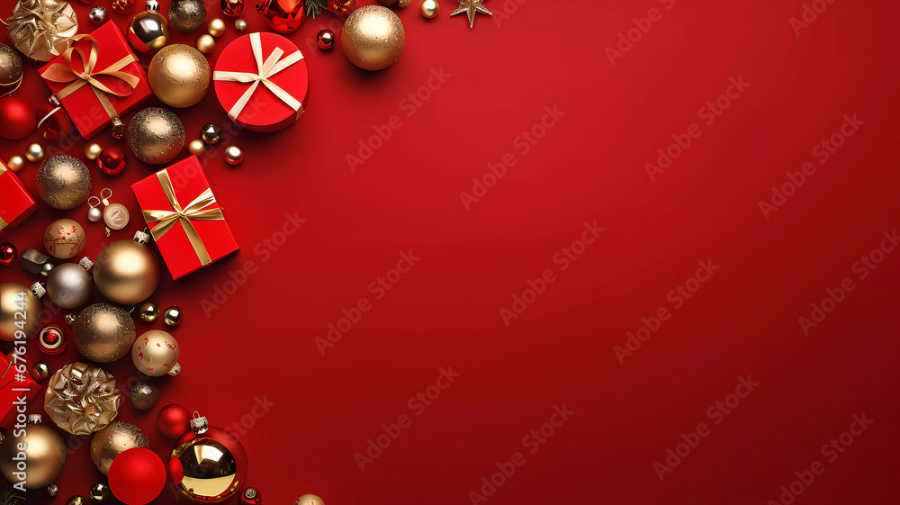 Christmas on a red background. Banner. Copy space. Generated by Ai. Edited in Photoshop Christmas on a red background. Banner. Copy space. Generated by Ai. Edited in Photoshop