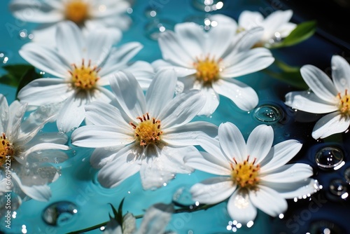 A serene background image for creative content, showcasing the delicate beauty of white flowers floating on the water's surface, evoking a sense of purity and tranquility. Photorealistic illustration