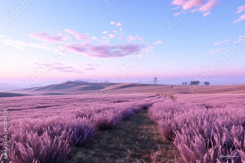 A stunning background image for creative content  showcasing a lush and vibrant lavender field  radiating the beauty and fragrance of nature. Photorealistic illustration