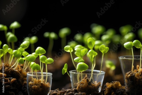 Delicate new sprouts in cups, captured in a close-up with a shallow depth of field, highlighting the tender growth and adding an artistic touch to the scene. Photorealistic illustration