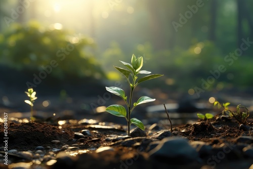 A new sprout basking in sunlight, framed against the backdrop of a forest with sunlight filtering through the leaves. Photorealistic illustration