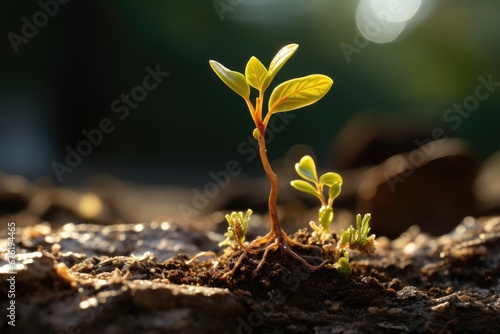 Delicately captured with a shallow depth of field, these new and fragile sprouts showcase their tender growth, creating an intimate and visually stunning image. Photorealistic illustration