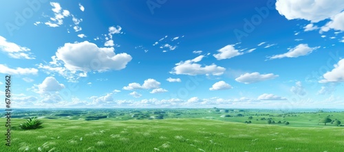 A wide-format background image featuring a vast, open green field under a blue sky adorned with fluffy clouds. Photorealistic illustration