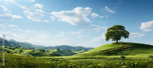 In this panoramic view, a solitary tree stands atop a hill, surrounded by scattered companions, against a backdrop of rolling green hills and fluffy clouds. Photorealistic illustration