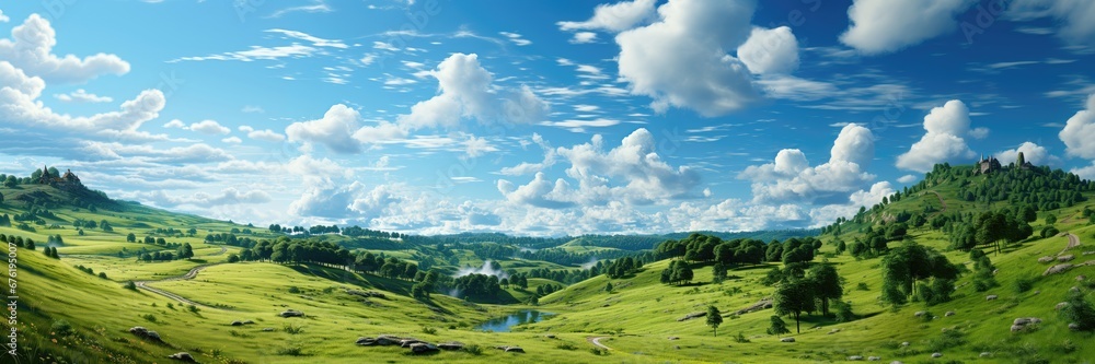 In this expansive panoramic landscape, lush green hills are adorned with scattered trees, set against a backdrop of fluffy clouds, creating a serene and picturesque scene. Photorealistic illustration