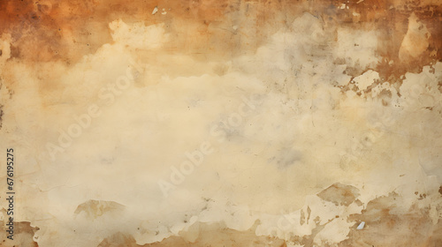 Stained, dirty, and distressed cream white, brown, orange, and tan vintage paper texture. Folded and faded, torn, ripped, peeling and creased from old age. generative AI. photo
