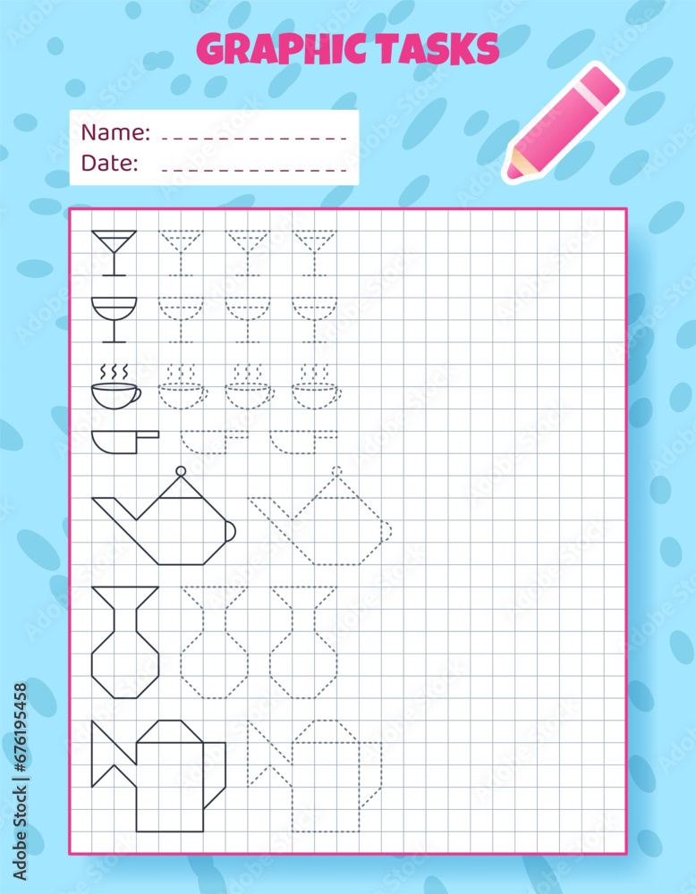 Drawing Task Object Worksheet Drawing by cells. Educational game for preschool children. Worksheets ...