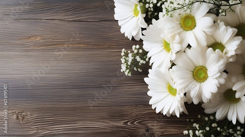 daisies on wooden background - close up   Generative AI