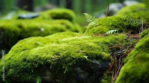 Beautiful Bright Green moss grown up cover the rough stones and on the floor in the forest. Show with macro view. Rocks full of the moss texture in nature for wallpaper. : Generative AI