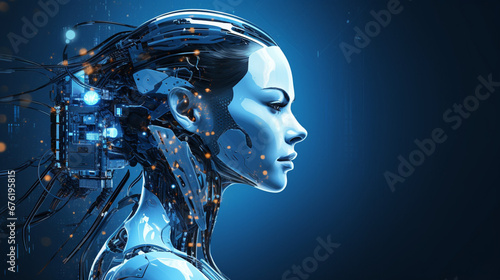Girl character design. Cyborg face woman technology blue background with Generative Ai.