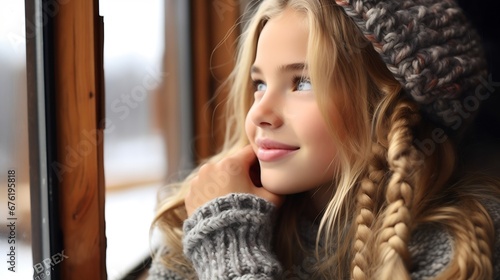 girl in a cosy norwegian jumper looking out the window of a cabin : Generative AI photo