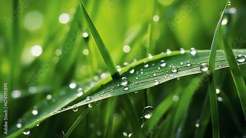 Close up of fresh thick grass with water drops in the early morning : Generative AI