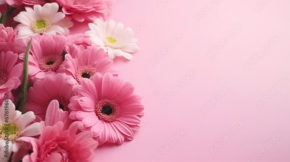 Close up wiev of flowers on a pink background. : Generative AI Close up wiev of flowers on a pink background. : Generative AI