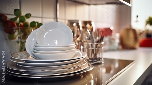 Set of clean dishes near kitchen sink on counter : Generative AI