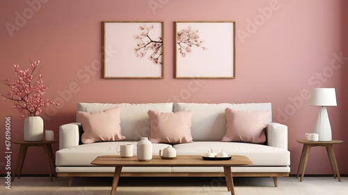 Warm and cozy living room interior with mock up poster frame  modular sofa  wooden coffee table  vase with dried flowers  pillows  armchair  pink wall and personal accessories. Home de   Generative AI
