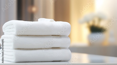 Spa towel stack on white table on bathroom interior background_1 : Generative AI