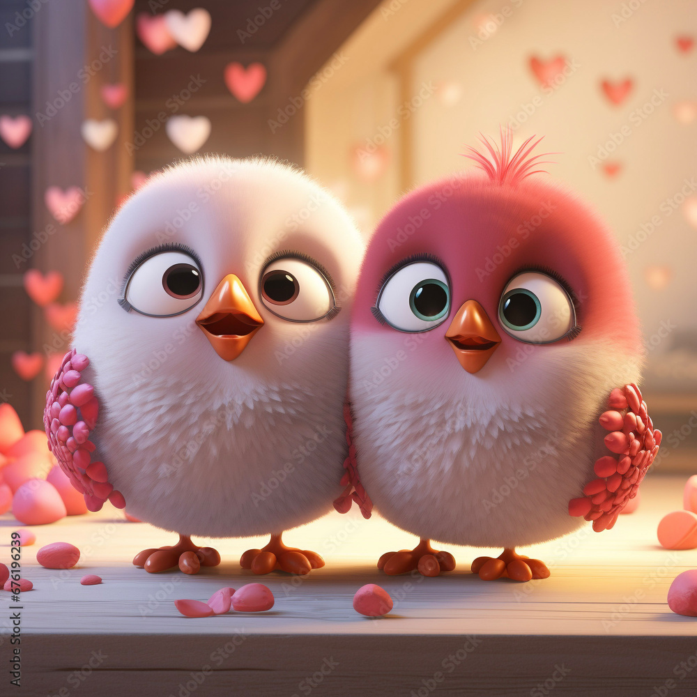 Two Cute little pink birds and hearts on a Valentine's Day background, illustration, love concept