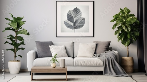 Creative composition of living room interior with mock up poster frame, gray sofa, black coffee table, patterned rug, plants in flowerpots, slippers and personal accessories. Home deco : Generative AI