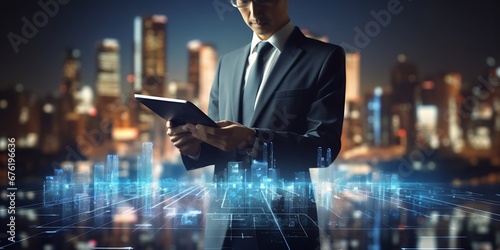 Digital technology, Business network connection, Teamwork, Deal, Partnership and data exchange, Investment analysis, planning and strategy. Businessman working with digital device on s : Generative AI