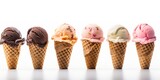 various ice cream scoops in waffle cones isolated on white background : Generative AI