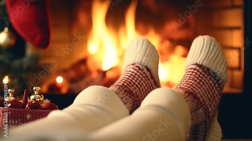 Feet in woollen socks by the Christmas fireplace. Woman relaxes by warm fire with a cup of hot drink and warming up her feet in woollen socks. Cozy atmosphere. Winter and Christmas hol : Generative AI