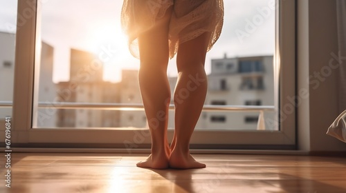 Barefoot girl feet moving at cozy apartment close up. Unrecognizable woman dancing on laminate floor. Young lady legs having fun enjoying morning at home. Anonymous person relaxing nea : Generative AI photo